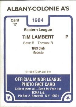 1984 TCMA Albany-Colonie A's #17 Tim Lambert Back