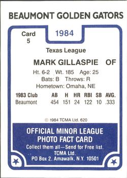 1984 TCMA Beaumont Golden Gators #5 Mark Gillaspie Back