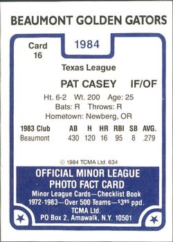 1984 TCMA Beaumont Golden Gators #16 Pat Casey Back