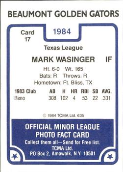 1984 TCMA Beaumont Golden Gators #17 Mark Wasinger Back