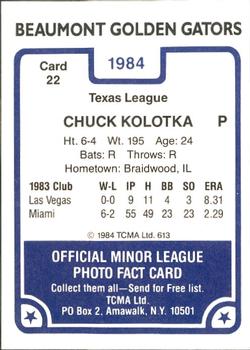 1984 TCMA Beaumont Golden Gators #22 Chuck Kolotka Back