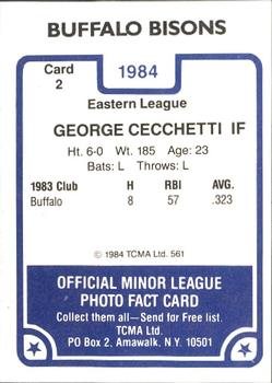 1984 TCMA Buffalo Bisons #2 George Cecchetti Back