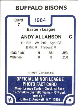 1984 TCMA Buffalo Bisons #7 Andy Allanson Back