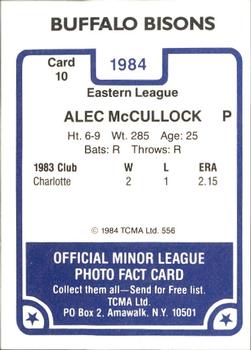 1984 TCMA Buffalo Bisons #10 Alec McCullock Back
