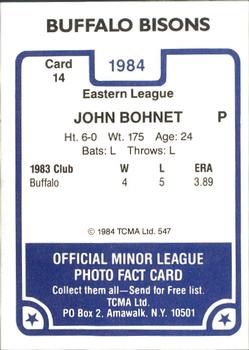 1984 TCMA Buffalo Bisons #14 John Bohnet Back