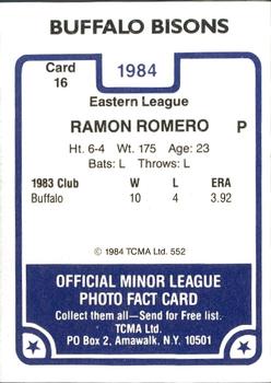 1984 TCMA Buffalo Bisons #16 Ramon Romero Back
