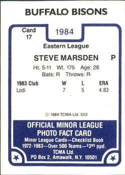 1984 TCMA Buffalo Bisons #17 Steve Marsden Back