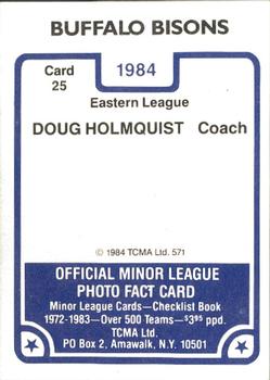 1984 TCMA Buffalo Bisons #25 Doug Holmquist Back