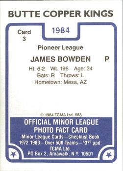 1984 TCMA Butte Copper Kings #3 James Bowden Back