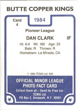 1984 TCMA Butte Copper Kings #4 Dan Clark Back