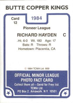 1984 TCMA Butte Copper Kings #12 Richard Hayden Back