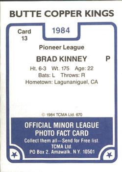 1984 TCMA Butte Copper Kings #13 Brad Kinney Back