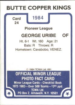 1984 TCMA Butte Copper Kings #24 George Uribe Back