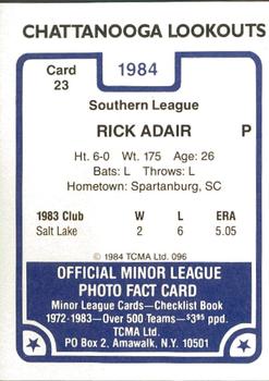 1984 TCMA Chattanooga Lookouts #23 Rick Adair Back
