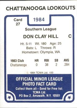 1984 TCMA Chattanooga Lookouts #27 Don Clay Hill Back