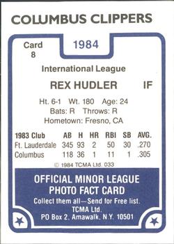 1984 TCMA Columbus Clippers #8 Rex Hudler Back