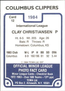 1984 TCMA Columbus Clippers #12 Clay Christiansen Back