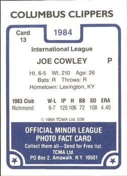 1984 TCMA Columbus Clippers #13 Joe Cowley Back