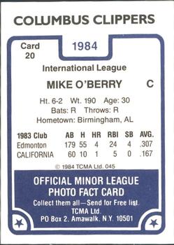 1984 TCMA Columbus Clippers #20 Mike O'Berry Back