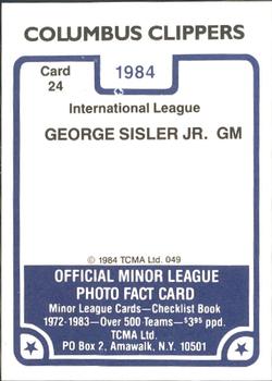 1984 TCMA Columbus Clippers #24 George Sisler Jr. Back