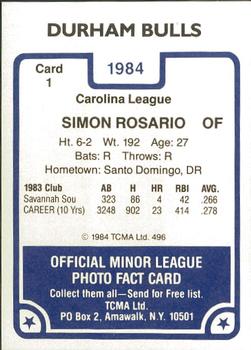 1984 TCMA Durham Bulls #1 Simon Rosario Back