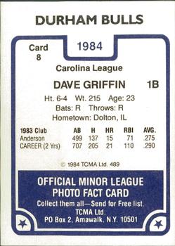 1984 TCMA Durham Bulls #8 Dave Griffin Back