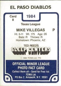 1984 TCMA El Paso Diablos #8 Mike Villegas Back