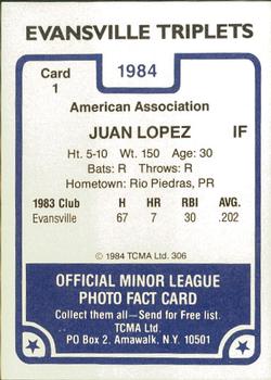 1984 TCMA Evansville Triplets #1 Juan Lopez Back