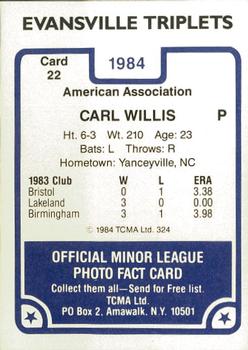 1984 TCMA Evansville Triplets #22 Carl Willis Back