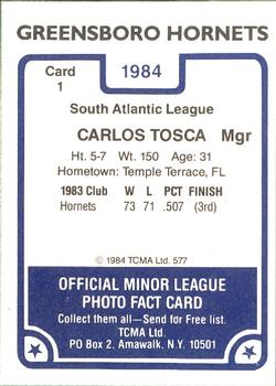 1984 TCMA Greensboro Hornets #1 Carlos Tosca Back