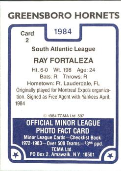 1984 TCMA Greensboro Hornets #2 Ray Fortaleza Back