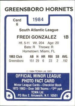 1984 TCMA Greensboro Hornets #6 Fredi Gonzalez Back