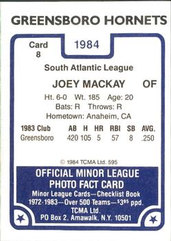 1984 TCMA Greensboro Hornets #8 Joey Mackay Back