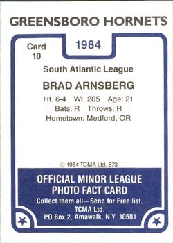 1984 TCMA Greensboro Hornets #10 Brad Arnsberg Back