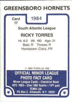 1984 TCMA Greensboro Hornets #17 Ricky Torres Back