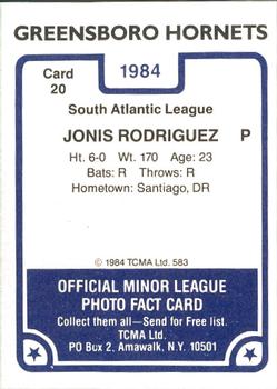 1984 TCMA Greensboro Hornets #20 Yonis Rodriguez Back