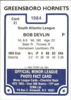 1984 TCMA Greensboro Hornets #21 Bob Devlin Back