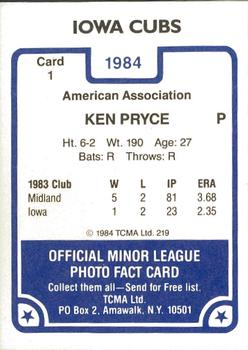 1984 TCMA Iowa Cubs #1 Ken Pryce Back
