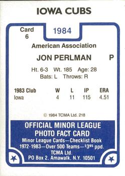 1984 TCMA Iowa Cubs #6 Jon Perlman Back