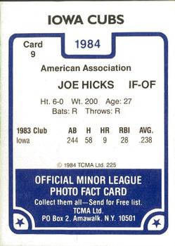 1984 TCMA Iowa Cubs #9 Joe Hicks Back