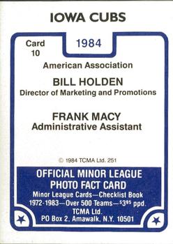 1984 TCMA Iowa Cubs #10 Bill Holden / Frank Macy Back