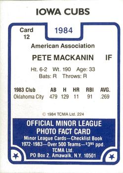 1984 TCMA Iowa Cubs #12 Pete MacKanin Back