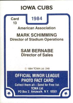 1984 TCMA Iowa Cubs #13 Mark Schimming / Sam Bernabe Back