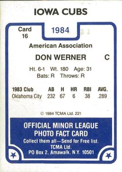 1984 TCMA Iowa Cubs #16 Don Werner Back
