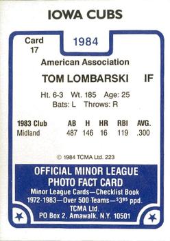 1984 TCMA Iowa Cubs #17 Tom Lombarski Back