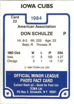 1984 TCMA Iowa Cubs #22 Don Schulze Back