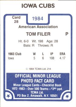 1984 TCMA Iowa Cubs #28 Tom Filer Back