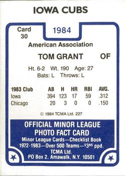 1984 TCMA Iowa Cubs #30 Tom Grant Back