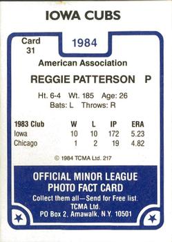 1984 TCMA Iowa Cubs #31 Reggie Patterson Back