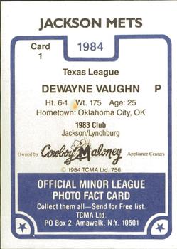 1984 TCMA Jackson Mets #1 DeWayne Vaughn Back